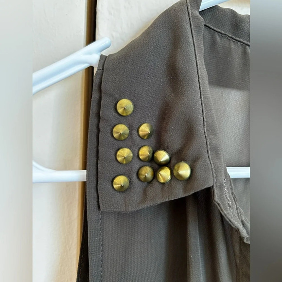 Army green silky blouse with brass accents and tie in front - Picture 5 of 7